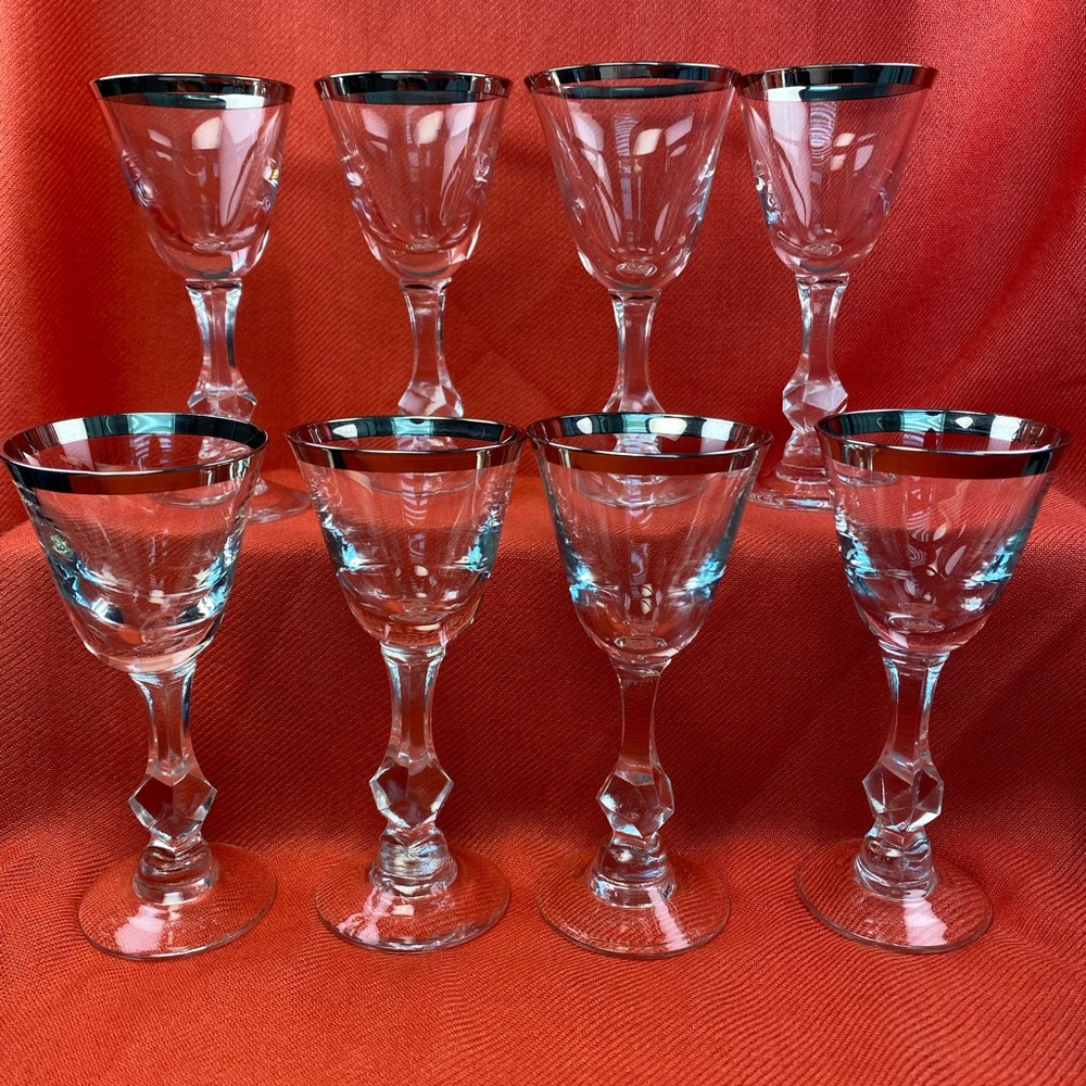 Vintage 1960’s Set of 8 Cordial Glasses with Real SILVER Rims.
